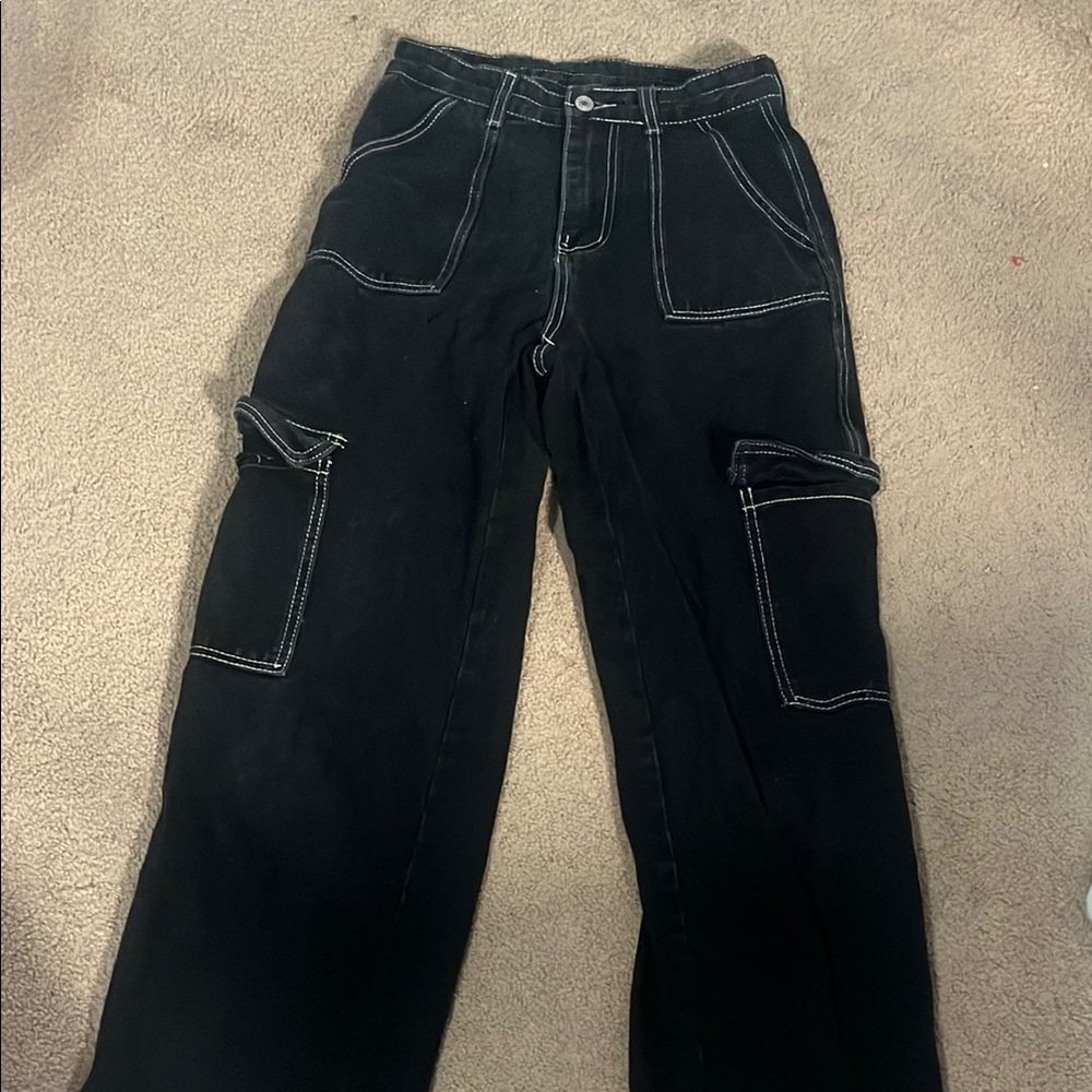 Black Cargo Pants with White Stitching